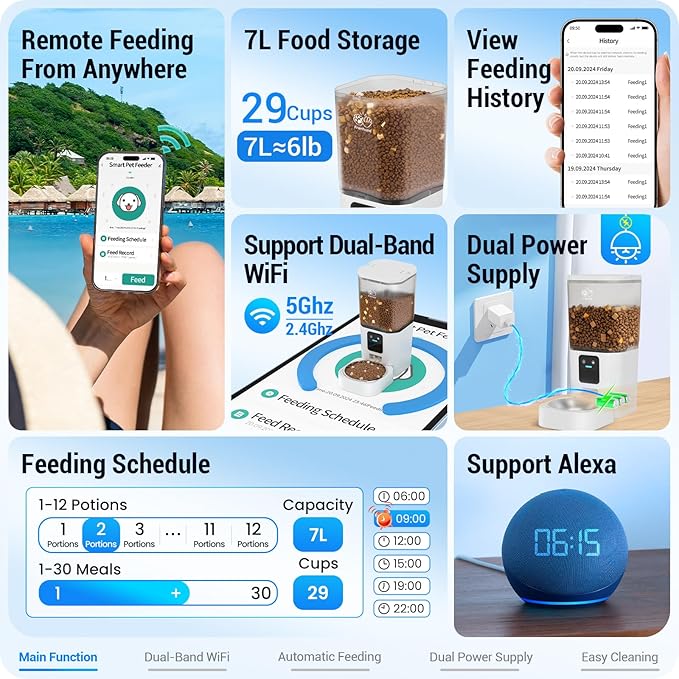 Automatic Cat Feeder with 5G WiFi: Automatic Dog Feeder with APP Control, 7L Timed Auto Cat Food Dispenser with Alexa for Multiple Pets, Detachable for Easy Cleaning - 29 Cup