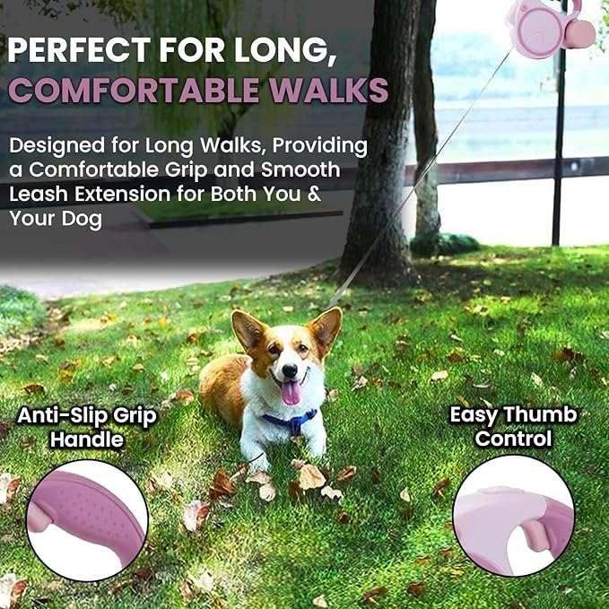 Retractable Dog Fancy Leash with Flashlight and Dispenser, 16 ft Dog Retractable Leash is Perfect for Safe and Comfortable Walking with Your Pet - Suitable for Small Medium Large Dogs (Pink)