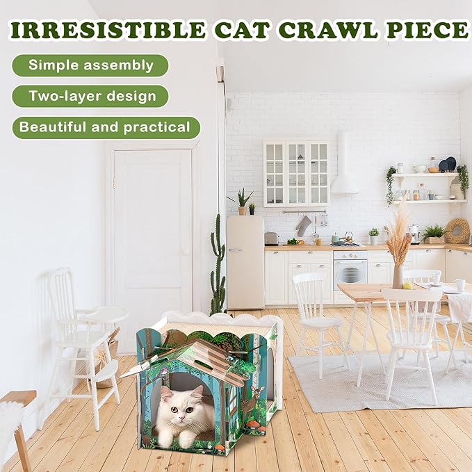 2 Story Cardboard Cat House with Scratcher Pad for Small Kitten,17x12x10 Multi Level Durable Cat Condo & Villa for Bunny Rabbit Small Animals Christmas Birthday Gift(Forest)