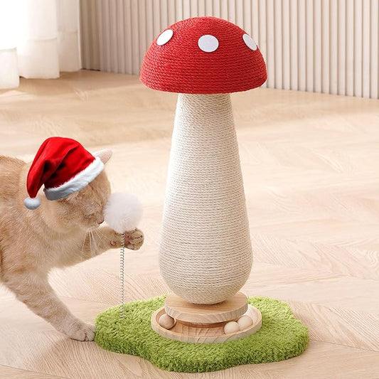 Mushroom Cat Scratching Post Cat Tree, 21.5‘’ H Cute Cat Scratcher Tower with Durable Solid Wood Turntable Toy, Mushroom Scratch Post Cat Sisal Scratcher with Catnip for Indoor Adult Cats