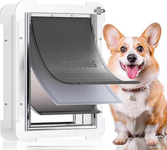 3-Flap Medium Dog Door for Door with Metal Sliding Lock Panel, Energy Efficient Pet Door with Steel Frame, Telescoping Tunnel,Never Rust Ruff Weather Doggie Door （Pets Up to 40 Lb）