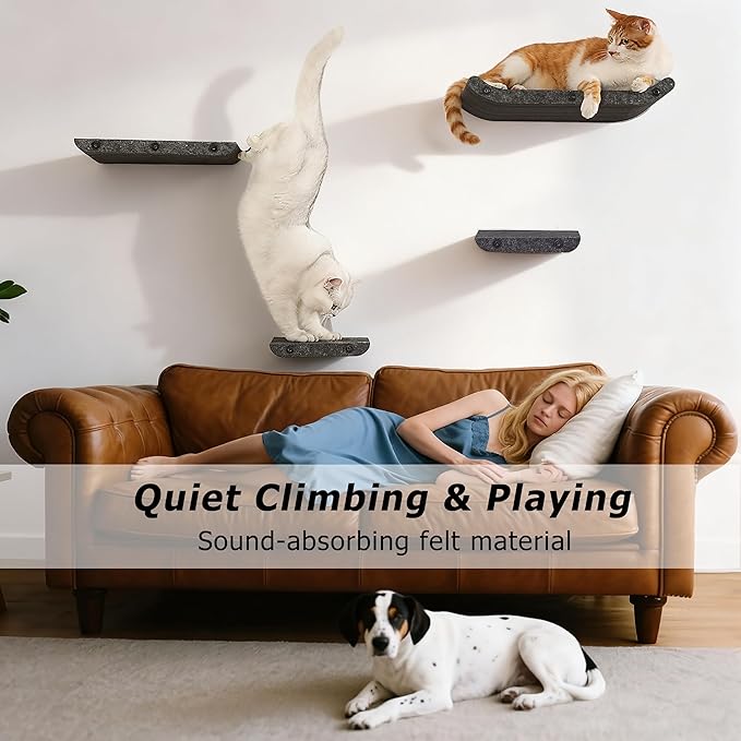 Wall Mounted Cat Shelves and Perches,Scratcher Cat Beds & Furniture for Indoor Cats, Soft PET Felt Feline Climbing Wall Set, Modern Jungle Gym System for Lounging and Sleeping(Set of 4-Grey)