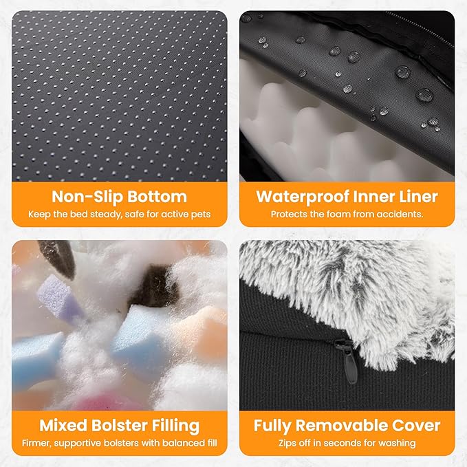 Fluffy Orthopedic Dog Bed for Large & Extra Large Dogs, Calming Plush Sofa Bed with Curved Bolster Support and Egg-Crate Foam Base, 43" Cozy Oval Pet Donut Bed with Washable Cover, Gray