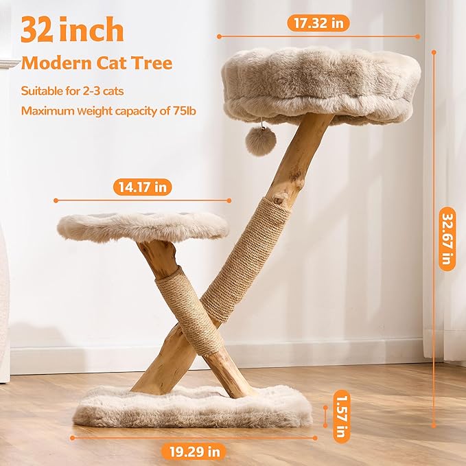 Cat Tree Modern Sturdy Solid Wood Cat Tower for Large Cat with Scratching Post for Indoor, Multifunctional Cat Tower with Cozy Bed and Platforms