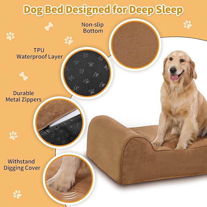 Orthopedic Dog Beds for Large Dogs, 7" Memory Foam Dog Beds with Waterproof Liner, Chew Proof Microsuede Cover, Removable and Washable, Nonskid Bottom, 60"x48"x7" XXL Khaki