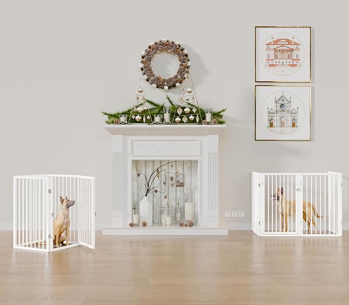 Vantas Folding No-Assembly Metal Pet Gate 80" Wide, 24" Extra Tall Dog Gate with Door Walk Through, Freestanding Accordion Puppy Gate Dog Door for Indoor & Outdoor, with 2PCS Support - White