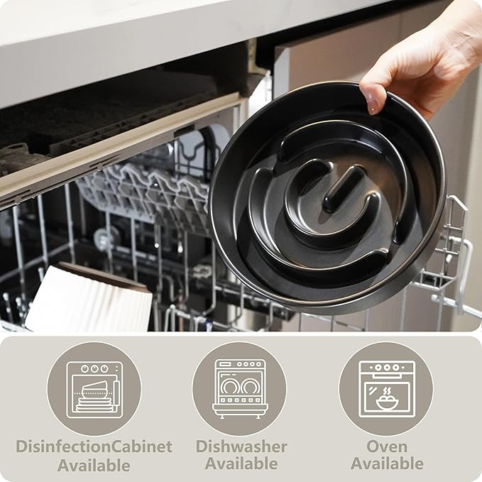 Ceramic Slow Feeder and Water Bowl Set for Medium and Large Dogs, 8.0inch Ceramic Dog Bowls Elevated with Wooden Stand, 2.0 Cups Dog Slow Feeder(30oz) and 70oz Water Bowl Set, Black