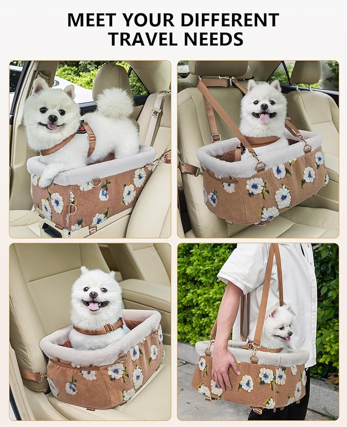 BurgeonNest Dog Carseat for Small Dog, Center Console Pet Booster Seats with Metal Frame, Upgraded Pet Carseat with Double Protection Seat Belts, Washable Cushion, Safety Leash and Storage Pocket