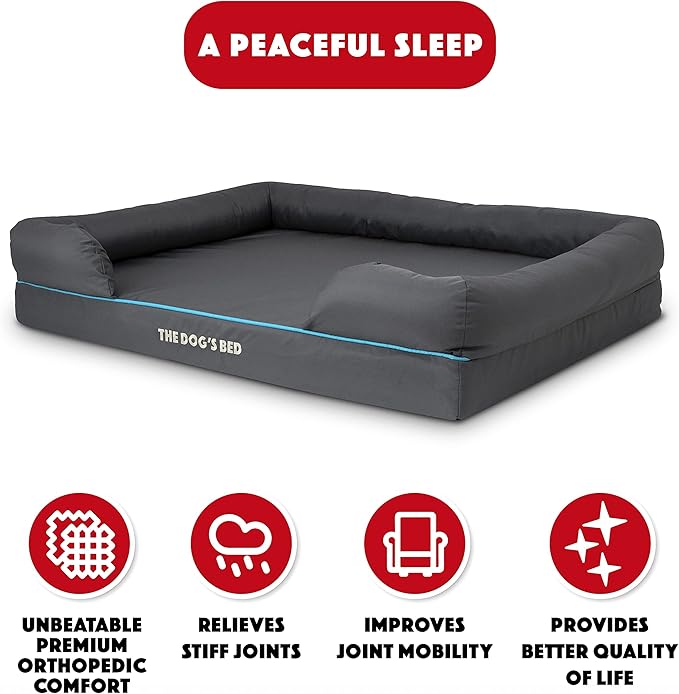 The Dog’s Bed, XL Grey/Blue, Memory Foam, Pain Relief: Arthritis, Hip & Elbow Dysplasia, Post Surgery, Lameness, Supportive, Calming, Waterproof Washable Cover, Veterinary Approved