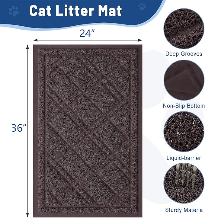 Smiry Cat Litter Box Mat 36x24, Non-Slip Water Resistant Litter Trapping Mat, Easy Clean Less Waste and Urine-Locking Cat Carpet for Indoor, Brown