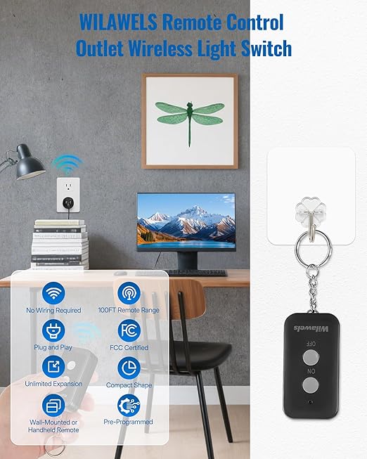 Black Remote Control Outlet, WILAWELS Wireless Remote On Off Switch for Outlet, Remote Light Switch for Lamp, Light, Programmable, 100ft RF Range, 15A/1875W, Battery Included, FCC Listed H11RC1106