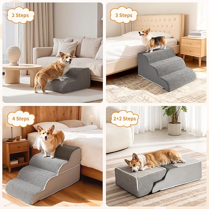 3-Steps Dog Stairs for Bed and Couch 12.6" H, Wider Pet Stairs for Small Old Dogs Cats, 30°Steady Non-Slip Dog Steps, Washable Dog Ramp with Removable Cover, PE Boards