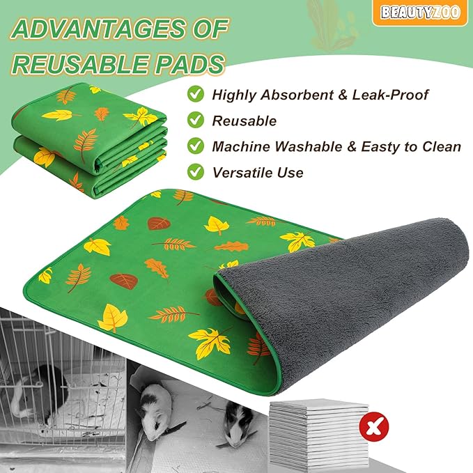 BEAUTYZOO 2 Pack Guinea Pig Bedding Washable, Reversible Guinea Pig Fleece Cage Liners, Waterproof Reusable & Anti Slip Guinea Pig Pee Pad, Super Absorbent Mat for Rabbit Bunny Hamster Rat- 16"x24"