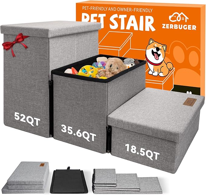 Wider Dog Stairs with Storage 18" H, 3-Step Sturdy Dog Steps for Large/Medium/Small Older Senior Dogs Cats, Folding Pet Stairs Climbing Bed or Couch, Arthritis-Friendly (Gray, No Condo)