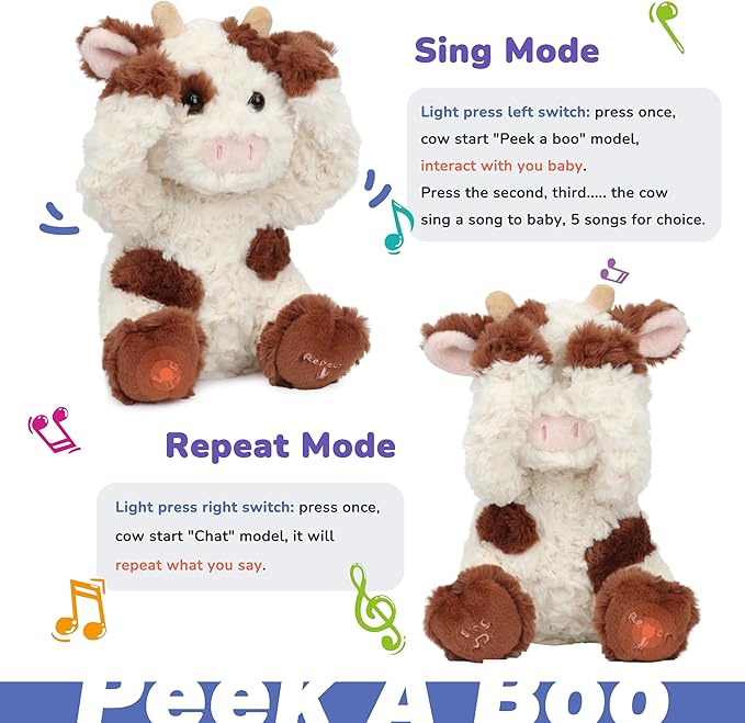 Hopearl Peek A Boo Cow Interactive Repeats What You Say Plush Diary Cattle Toy Musical Singing Talking Stuffed Animal Adorable Electric Animate Gift for Toddlers, Brown, 11''
