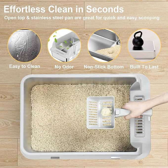 TENTIZON 2 Pack Stainless Steel Cat Litter Box with Lid, Open Top Large Metal Kitty Litter Pan with High Side, Litter Mat, Scoop for Kitten, Multi-Cats Home, Odor Control, Leak Proof, Easy Clean