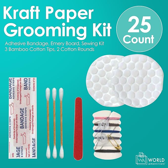 World Amenities Kraft Paper Grooming Kit - Travel Size Toiletries - Cotton Rounds, Bamboo Cotton Tips, Sewing Kit, Emery Board (25 Pack)