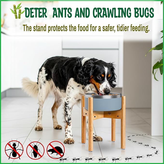 Dog Bowl Stand for Large Dogs (See Size Guide) - Use to Elevate, Raise Dog Food and Water, Deter Ants/Bugs - Expandable Sideways, Fits Various Sizes of Slow Feeders, Dishes/Fountains - Bamboo