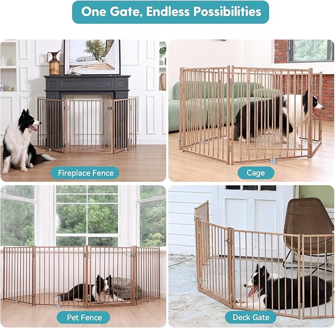 No Pawblems Free Standing Dog Gate with Door, 30'' Tall Foldable Dog Fence for Indoor & Outdoor, Up to 78 Inch Extra Wide Puppy Gate for Stairs, Hallways, Doorways, Deck, Yard (Wood Pattern, 3 Panels)