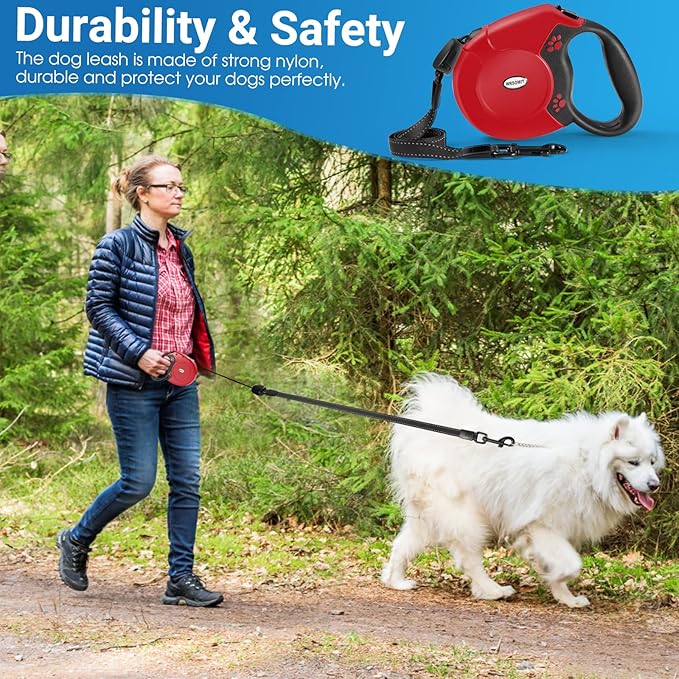Retractable Dog Leash, 26 Ft Heavy Duty Pet Walking Leash for Small Medium Large Dogs up to 99lbs, Anti-Slip Handle, 360 ° No Tangle, Nylon Tape, One-Handed Brake (Red)