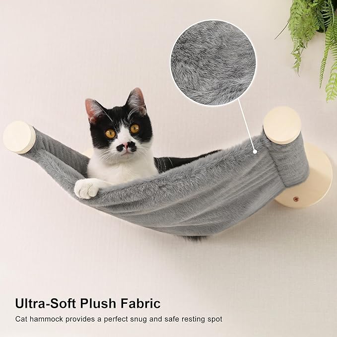 FUKUMARU Cat Wall Shelves, 5-Piece Stable Wooden Wall-Mounted Furniture Set, Kitty Climber with Hammock, House, Steps, Scratching Post (Gray)