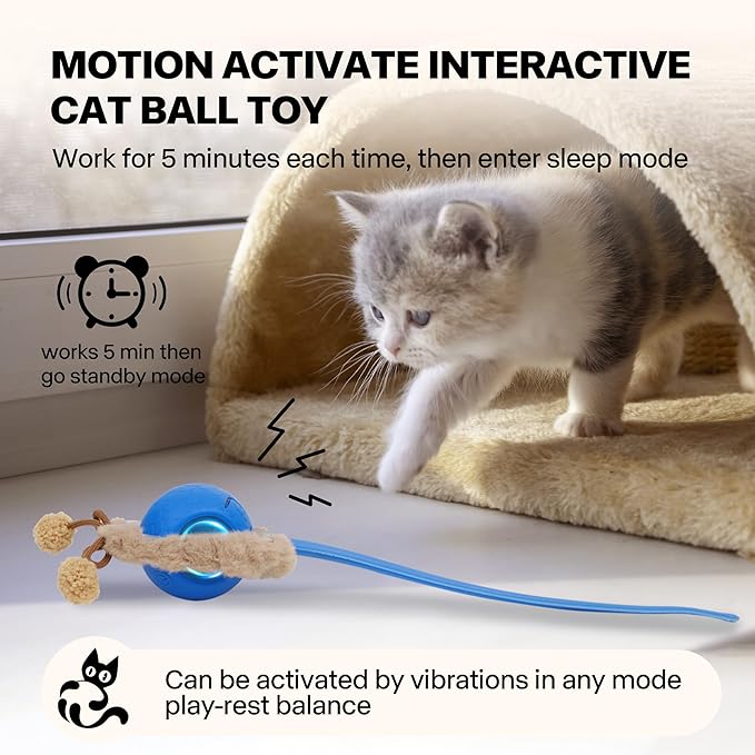 Pet Prime Interactive Cat Toys for Indoor Cats,Motion Activated Automatic Moving Ball with Lights,Electric Self Rotating Ball with Chirping,Rechargeable Smart Cat Toys for Bored