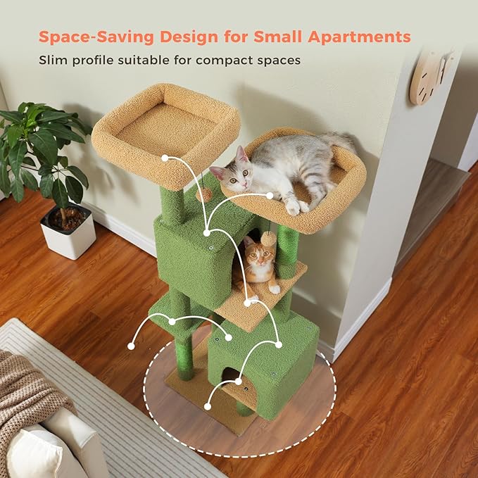 Cactus Cat Tree, 52.4 Inch Multi-Level Cat Tower for Indoor Cats with Dual Padded Top Perches, 2 Condos & Scratching Posts, Plush Cat Furniture for Kittens and Medium Cats, Green