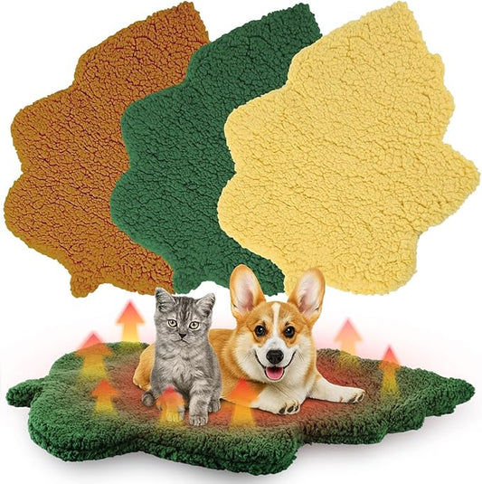 3 Pack Self Warming Cat Dog Bed Leaf Shape Self Heating Pet Mat Non Electric Washable Thermal Sleeping Pad Plush Heated Pet Mat for Crate Floor Indoor Outdoor(Mixed Colors,Large-19 x29)