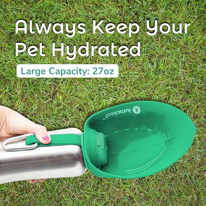 LumoLeaf Portable Dog Water Bottle 27 OZ, Stainless Steel Pet Travel Water Bottle Dispenser for Walking, Hiking and Outdoor, Portable Water Bowl for Large Dogs (Green)