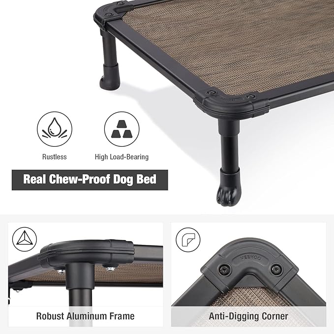 Veehoo Chew Proof Elevated Dog Bed - Cooling Raised Pet Cot - Rustless Aluminum Frame and Durable Textilene Mesh, Unique Designed No-Slip Feet for Indoor or Outdoor Use, Brown, Medium, CWC2002