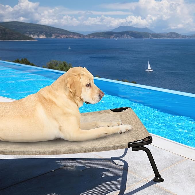 Veehoo Outdoor Elevated Dog Bed, Cooling Raised Dog Cots Beds for Large Dogs, Portable Waterproof Curved Dogs Hammock Bed for Outside, up to 120lbs, Black Legs, Beige 42"