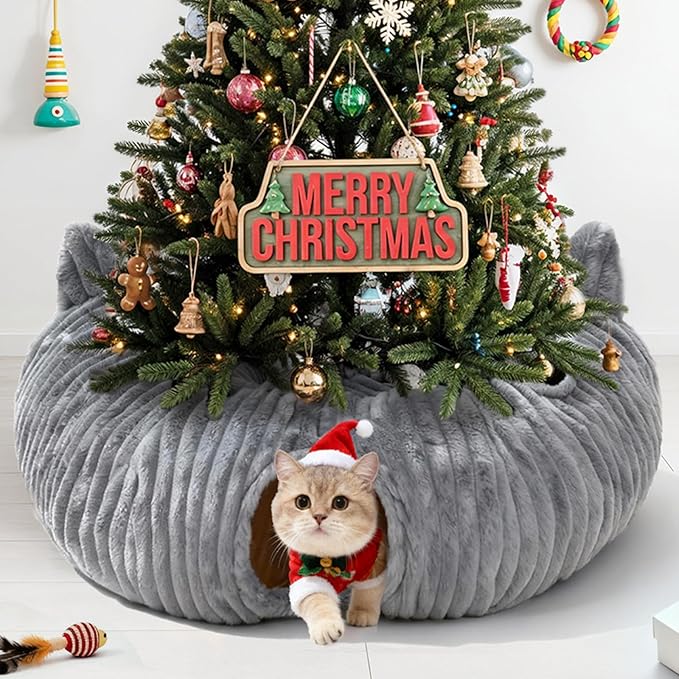 OurWarm Cat Tunnels for Indoor Cats - Round Cat Tunnel Bed with Removable and Washable Circle Cushion, Donut Cats Play Tunnel, Kitten Toys with Ear Sounds for Kitten/Puppy/Rabbit, Grey