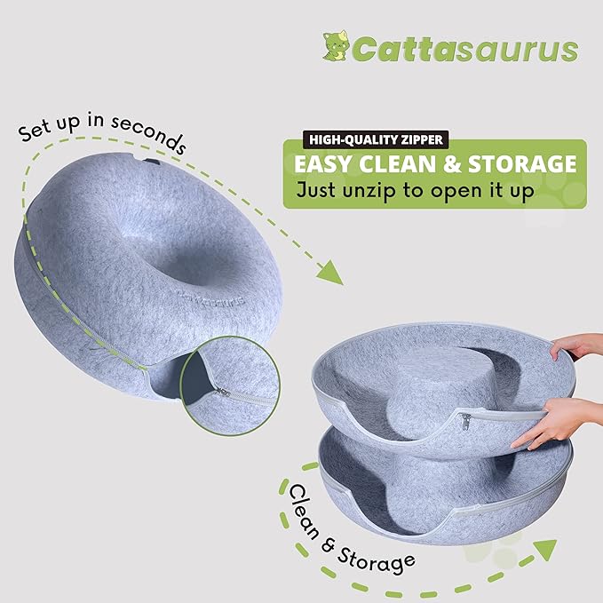 Cattasaurus Peekaboo Cat Cave Donut for Multiple & Large Cats up to 30-45 lbs, 3-in-1 Self Warming Cat Bed, Tunnel & Scratcher for Indoor Cats, Washable & Detachable Small Dog Bed (Light Gray, Large)