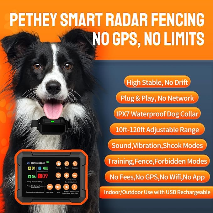 Wireless Fence for 3 Dogs Radar Wireless Dog Fence, 10–120ft Adjustable Boundary, IPX7 Waterproof Dog Collar, Beep/Vibration/Shock Collar, Dog Fence Outdoor for Yard (2 Collars)