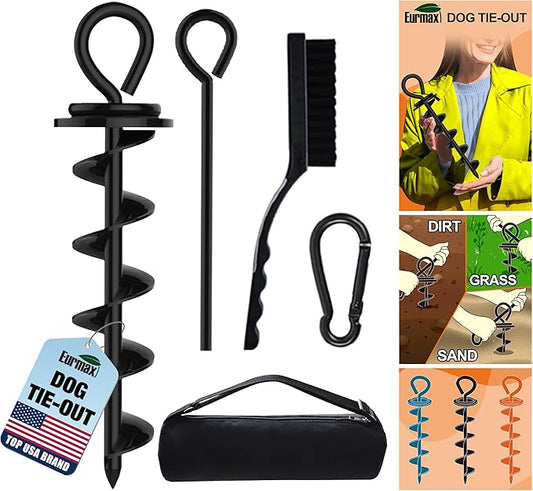 Eurmax USA Heavy Duty Dog Tie Out Stake for Large Dogs up to 210 lbs,Dog Stakes for Outside,Ground Anchor for Dog Leash,Runner Cable, Pet Gadget Dog Accessories Trampoline Stakes(1,Medium,Black)