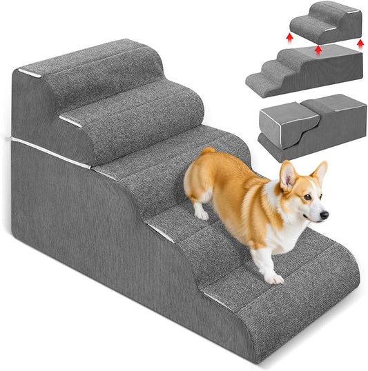 5-Step Dog Stairs for High Bed - 21.3" Adjustable Dog Ramps for Couch, Non-Slip Sturdy Pet Steps for Small Dogs, Washable Cover, Removable Modular Design, Dual 11” & 12.83” Steps for Custom Height