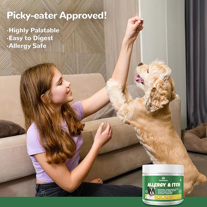 Dog Allergy Chews,Dog Itching Skin Relief with Probiotics Omega 3, Allergy Relief for Dogs Itching Licking Paws, Support Seasonal Allergy, Gut & Digestive Health and Immune System-30ct