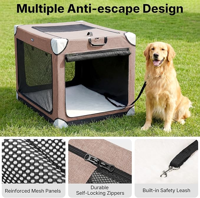 Veehoo Large Dog Crate for Indoor Outdoor, Portable Collapsible Travel Dogs Crate, 42 Inch Soft Foldable Pet Kennel with 4-Door Mesh Windows