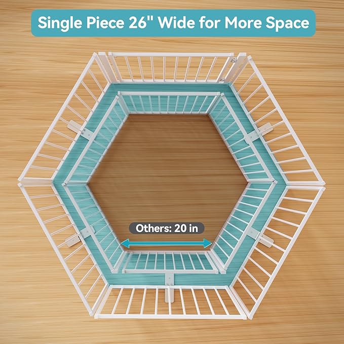 No Pawblems Free Standing Dog Gate with Door, 30'' Tall Foldable Dog Fence for Indoor & Outdoor, Up to 156 Inch Extra Wide Puppy Gate for Stairs, Hallways, Doorways, Deck, Yard (White, 6 Panels)