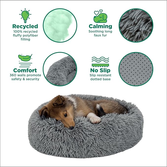 Furhaven 23" Round Calming Donut Dog Bed for Indoor Cats & Small Dogs, Washable, For Dogs Up to 20 lbs - Shaggy Plush Long Faux Fur Donut Bed - Gray, Small, 23.0"L x 23.0"W x 9.0"Th
