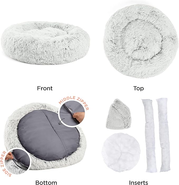 Best Friends by Sheri The Original Calming Donut Dog Bed – Washable Plush Pet Bed for Large Breeds up to 100 lbs, Shag Faux Fur, Frost Gray, Large (36" x 36")