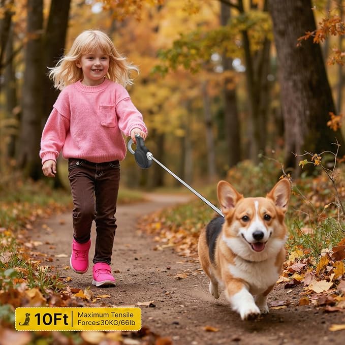 AutoBrake Retractable Dog Leash for Small and Medium Dogs, 360° Tangle-Free Dog Leash and 10Ft Strong Nylon Tape, Ergonomically Comfortable and Lightweight Grip Handle (Black)