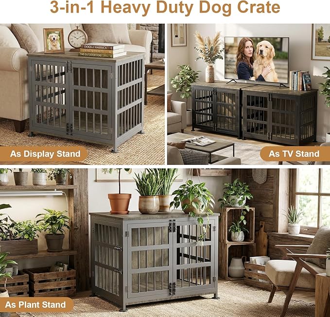 33" Dog Crate Furniture for Medium & Small Dogs with Wheels, Heavy Duty Dog Cage, Indoor Puppy Crate, Wooden Dog Kennel Table, 32.6" L x 22.8" W x 25.8" H, Decorate House as End Table — Grey