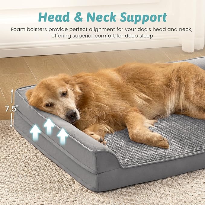 Orthopedic Dog Bed for Large Size Dog, XL Dogs Crate Bed, L Shaped Foam Anti-Slip Bottom Pet Cat Sofa with Washable Removable Cover, Suitable for Pet Up to 100 lbs, 44x32x7 inch, Grey
