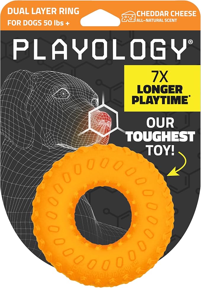 Playology Dog Toys | Dual Layer Ring Durable Chew Toy for Aggressive Chewers | Jumbo Cheddar Cheese Scented Toy - Easy to Clean and Made from Non Toxic Materials