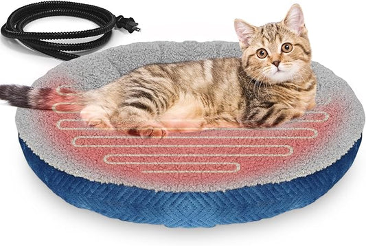 Heated Cat Beds for Indoor Cats Warming Cat Beds Super Soft Machine Washable Thermo Kitty Electric Heating Bed 19 Inches Round