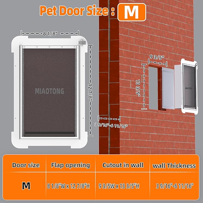 MIAOTONG 3-Flap Dog Door for Wall, Double Magnetic Flaps Pet Door for Wall, Aluminum Lock Doggy Door,Steel Frame and Telescoping Tunnel Dog Doors and Cat Doors(Pets Up to 40 Lb) -Medium