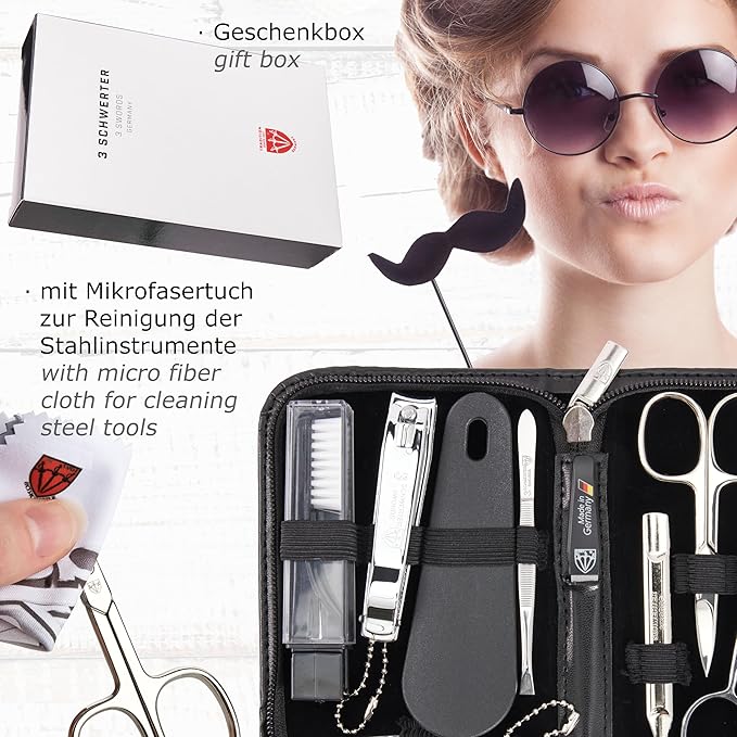 3 Swords Germany - brand quality 10 piece manicure pedicure grooming kit set for professional finger & toe nail care tweezers file clipper fashion leather case in gift box, Made by 3 Swords (02570 )
