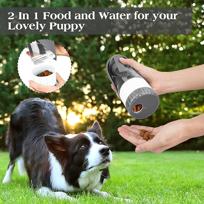 Upgraded Dog Water Bottle, Portable Dog Cat Puppy Pet Water Dispenser Feeder with Drinking Cup and Food Container Leak Proof for Outdoor Walking, Travel, Hiking 12OZ Grey