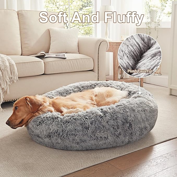 36 inches Donut Dog Bed for Large Dogs - Calming Fluffy Round Pet Bed with Removable & Washable Cover,Fits up to 80 lbs Pets (Dark Grey,Large)